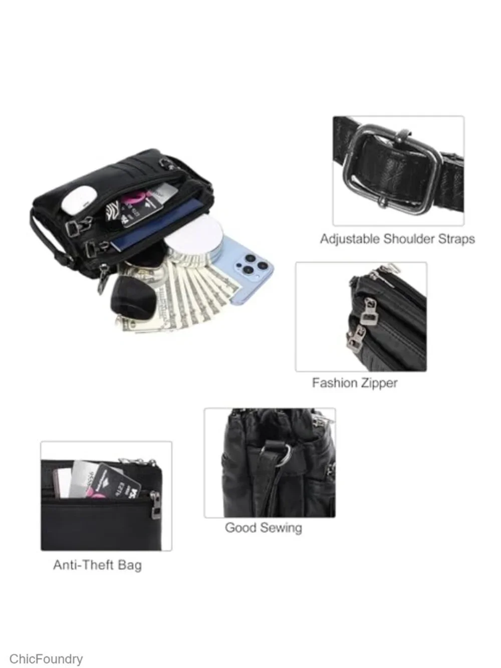 Small Crossbody Purse with Multiple Zipper Pockets Vegan Leather Everyday